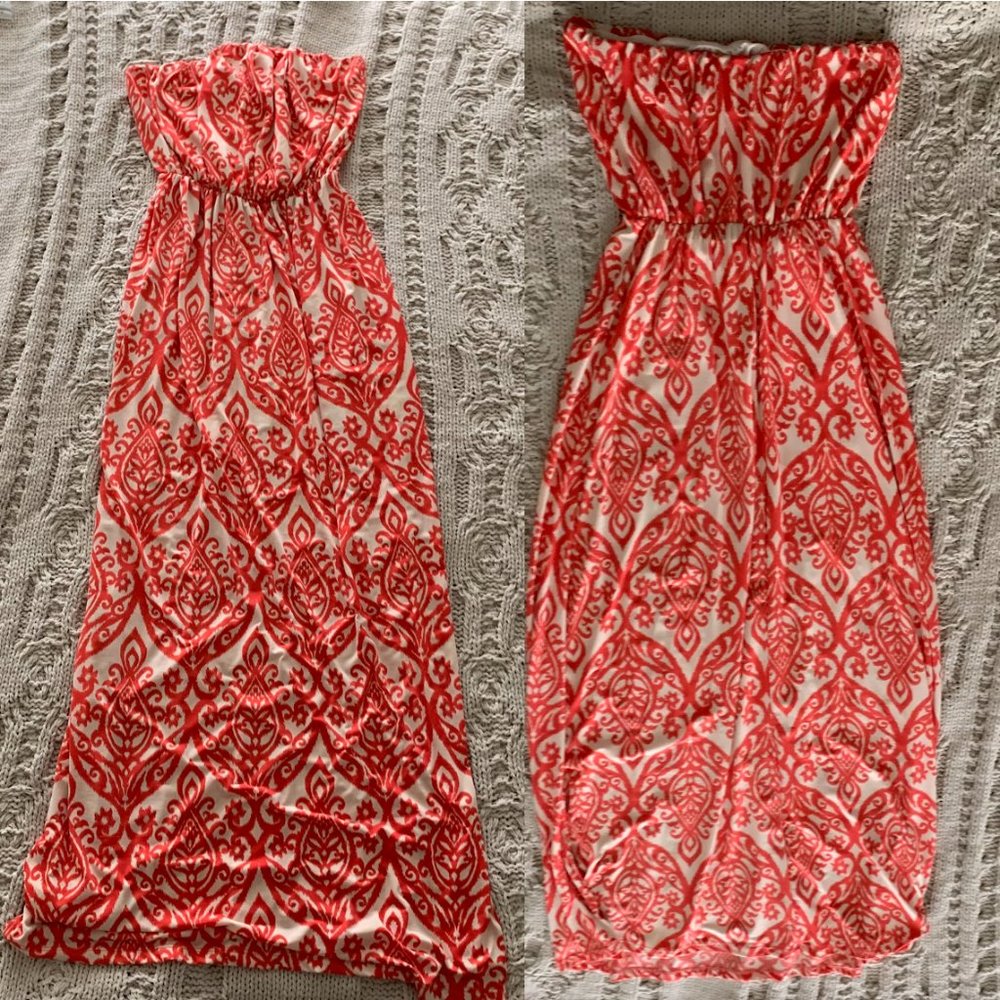 Strapless Peach and White Coral-Like Patterned Maxi Dress